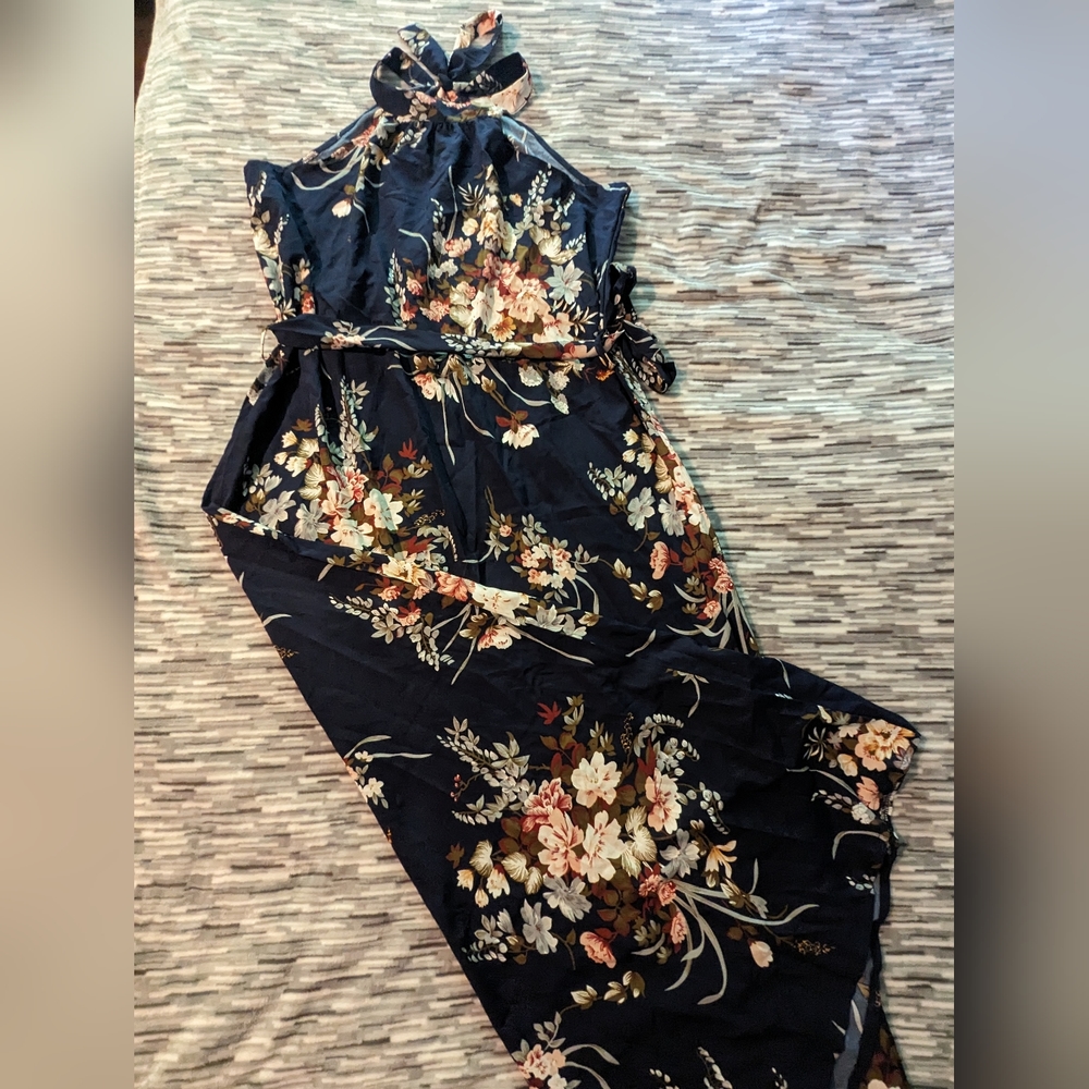 Shein Navy Blue Floral Women's Floor Length Halter Dress